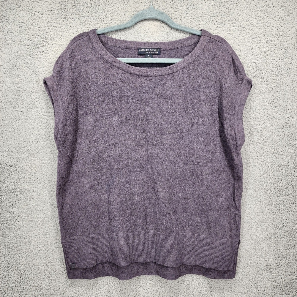 Barefoot Dreams CozyChic Ultra Lite Short Sleeve Sweater Gray Purple XL